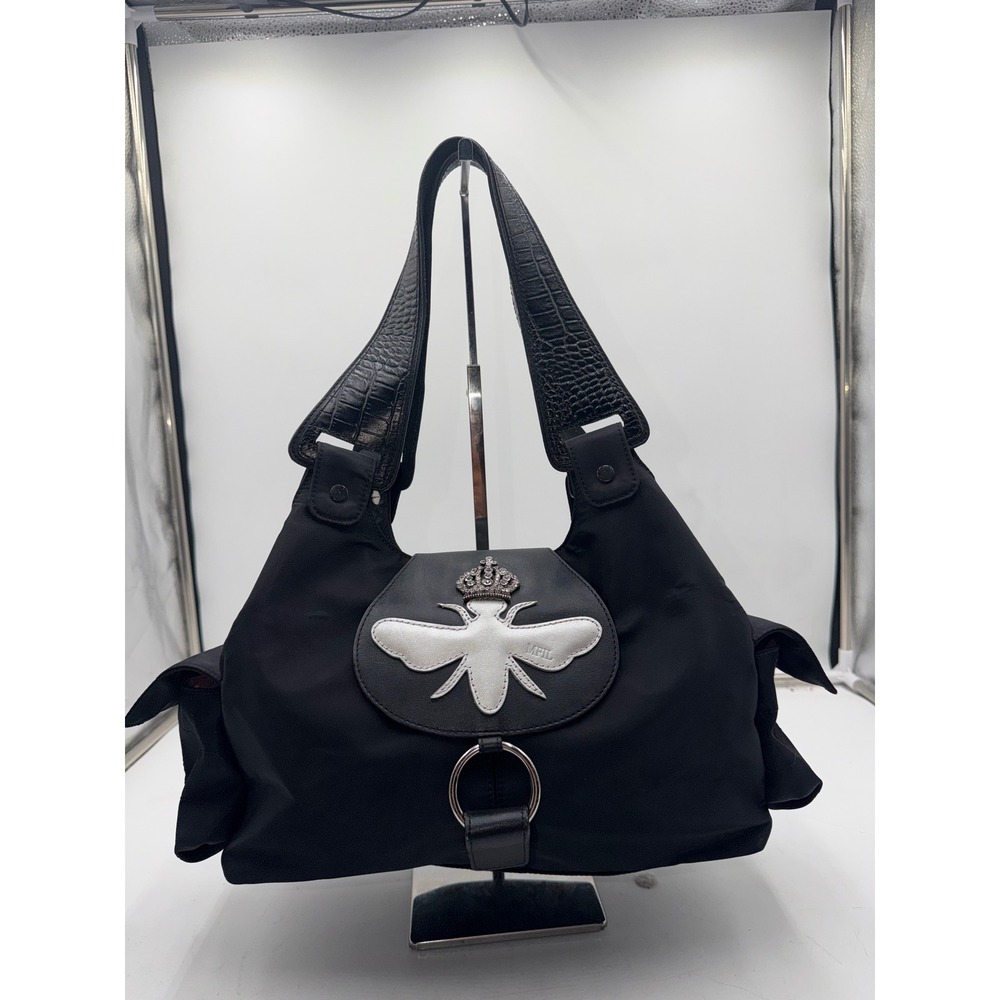 My Flat In London Bee Crown Nylon Hobo Bag Black Jan Haedrich Rhinestone
